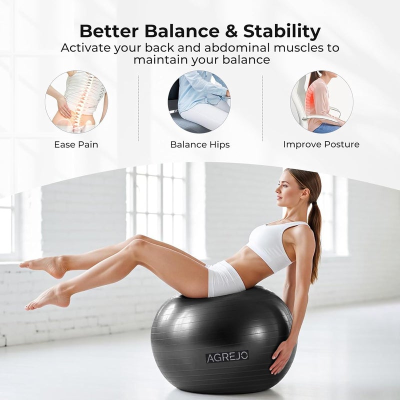 AGREJO Yoga Ball, Exercise Ball for Working Out, Anti-Burst and Slip Resistant for Physical Therapy, Birthing, Stretching, Flexible Seating, Home Gym, with Pump (L: 23-26ines/58-65cm) - Image 5